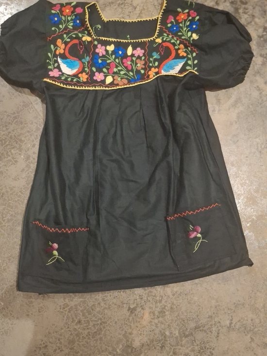 Handcrafted Tops - Black Embroidered Boho Peasant Blouse with Colorful Floral Birds